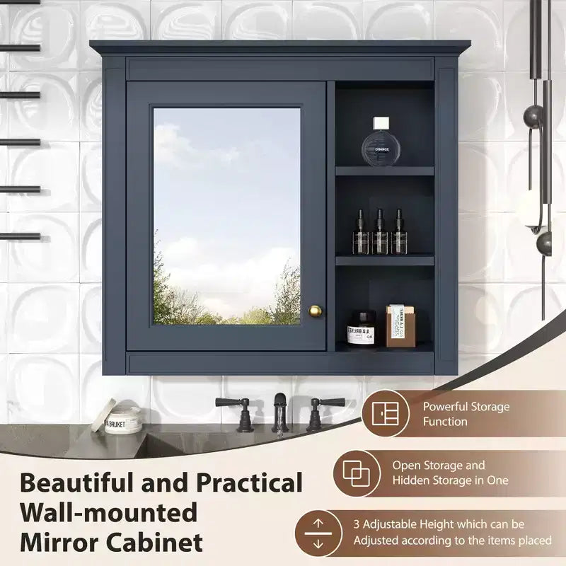 FAMYYT 30 in. W x 28 in. H Rectangular MDF Board Surface Mount Bathroom Medicine Cabinet with Mirror, Open Shelves