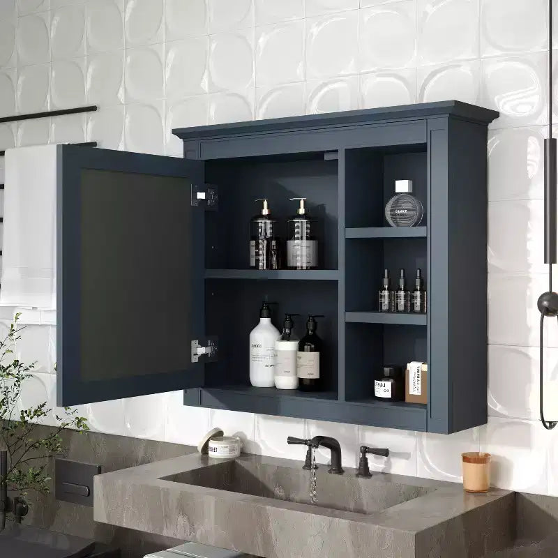 FAMYYT 30 in. W x 28 in. H Rectangular MDF Board Surface Mount Bathroom Medicine Cabinet with Mirror, Open Shelves