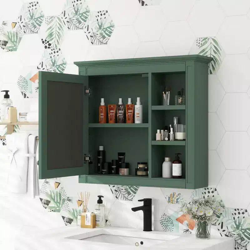 FAMYYT 30 in. W x 28 in. H Rectangular MDF Board Surface Mount Bathroom Medicine Cabinet with Mirror, Open Shelves