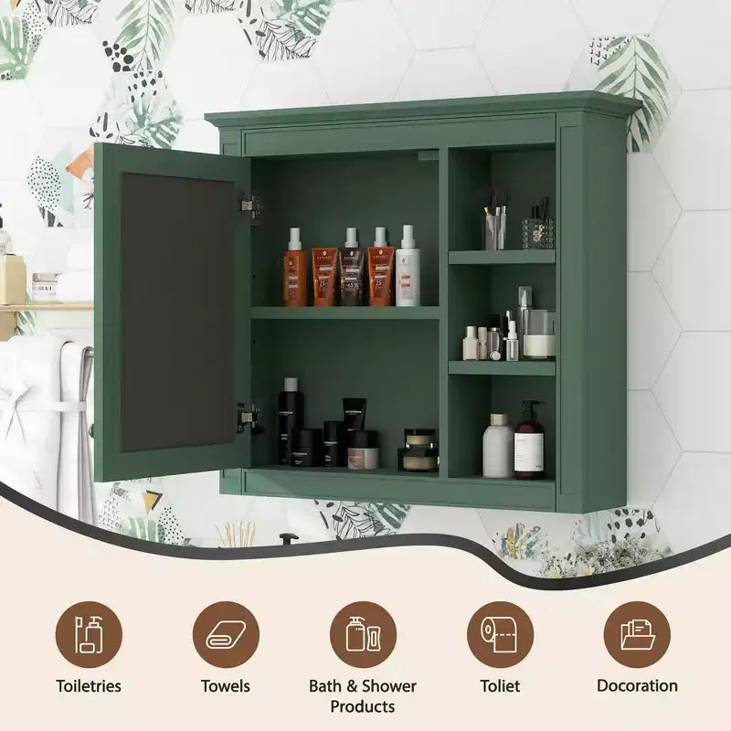FAMYYT 30 in. W x 28 in. H Rectangular MDF Board Surface Mount Bathroom Medicine Cabinet with Mirror, Open Shelves