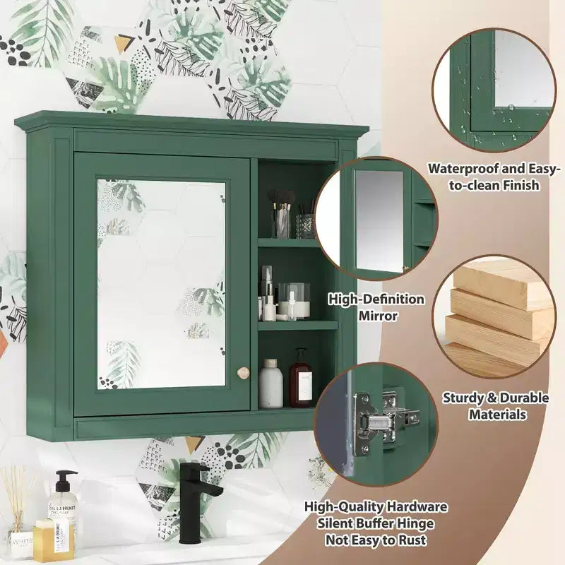 FAMYYT 30 in. W x 28 in. H Rectangular MDF Board Surface Mount Bathroom Medicine Cabinet with Mirror, Open Shelves