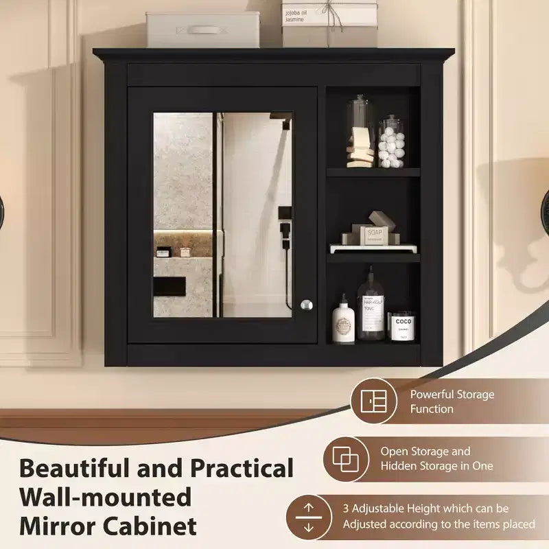 FAMYYT 30 in. W x 28 in. H Rectangular MDF Board Surface Mount Bathroom Medicine Cabinet with Mirror, Open Shelves