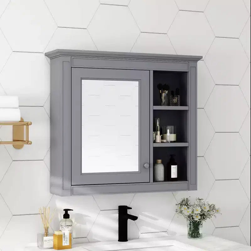 FAMYYT 30 in. W x 28 in. H Rectangular MDF Board Surface Mount Bathroom Medicine Cabinet with Mirror, Open Shelves