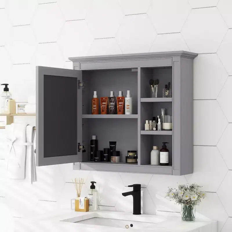 FAMYYT 30 in. W x 28 in. H Rectangular MDF Board Surface Mount Bathroom Medicine Cabinet with Mirror, Open Shelves