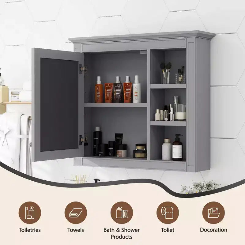 FAMYYT 30 in. W x 28 in. H Rectangular MDF Board Surface Mount Bathroom Medicine Cabinet with Mirror, Open Shelves