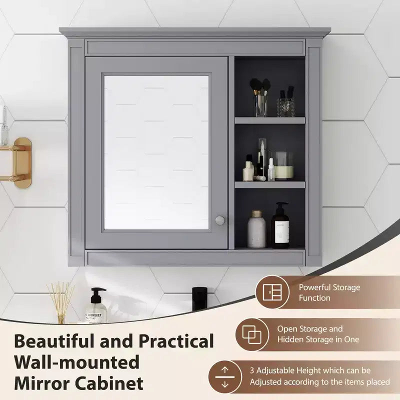 FAMYYT 30 in. W x 28 in. H Rectangular MDF Board Surface Mount Bathroom Medicine Cabinet with Mirror, Open Shelves