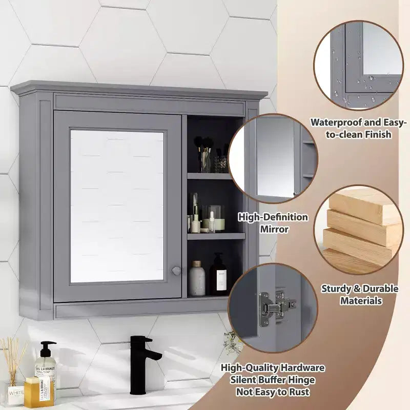 FAMYYT 30 in. W x 28 in. H Rectangular MDF Board Surface Mount Bathroom Medicine Cabinet with Mirror, Open Shelves
