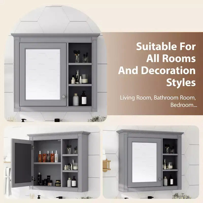 FAMYYT 30 in. W x 28 in. H Rectangular MDF Board Surface Mount Bathroom Medicine Cabinet with Mirror, Open Shelves