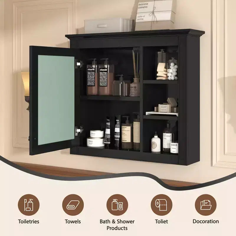 FAMYYT 30 in. W x 28 in. H Rectangular MDF Board Surface Mount Bathroom Medicine Cabinet with Mirror, Open Shelves