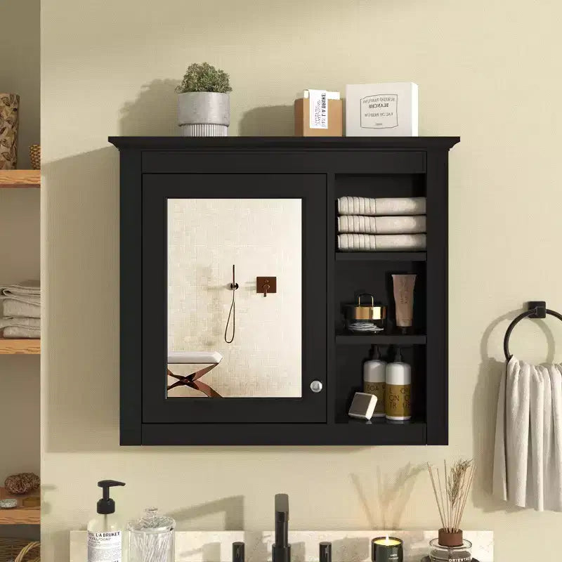FAMYYT 30 in. W x 28 in. H Rectangular MDF Board Surface Mount Bathroom Medicine Cabinet with Mirror, Open Shelves