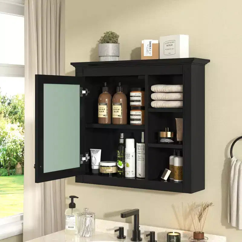 FAMYYT 30 in. W x 28 in. H Rectangular MDF Board Surface Mount Bathroom Medicine Cabinet with Mirror, Open Shelves