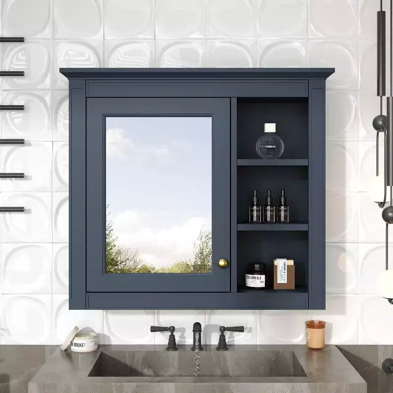FAMYYT 30 in. W x 28 in. H Rectangular MDF Board Surface Mount Bathroom Medicine Cabinet with Mirror, Open Shelves