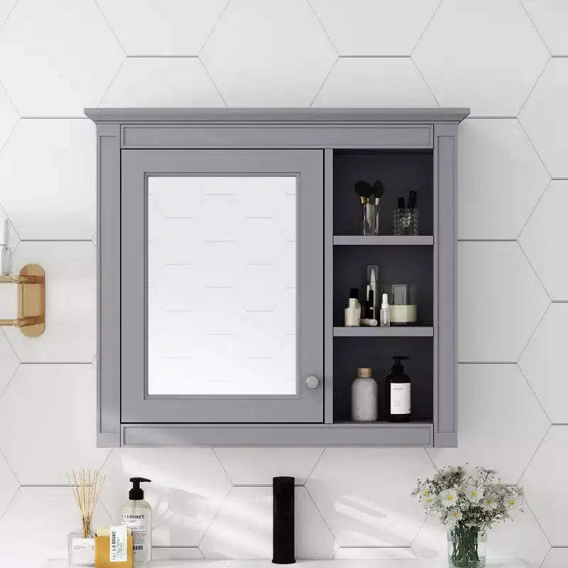 FAMYYT 30 in. W x 28 in. H Rectangular MDF Board Surface Mount Bathroom Medicine Cabinet with Mirror, Open Shelves