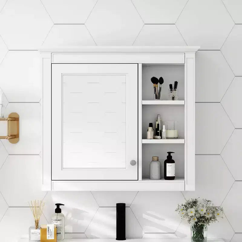 FAMYYT 30 in. W x 28 in. H Rectangular MDF Board Surface Mount Bathroom Medicine Cabinet with Mirror, Open Shelves