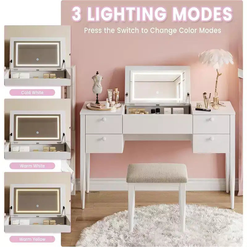 Makeup Vanity Desk with Lights and Stool, Vanity Desk with Flip Top and Mirror, Vanity Desk with Center Cabinet and 4 Drawers 3 Lighting Modes, Gold