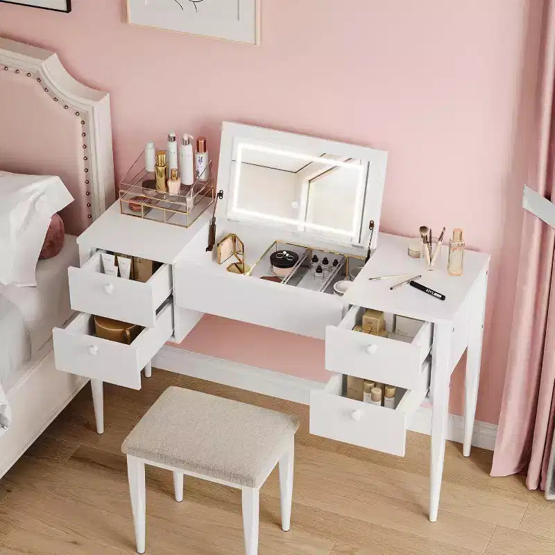 Makeup Vanity Desk with Lights and Stool, Vanity Desk with Flip Top and Mirror, Vanity Desk with Center Cabinet and 4 Drawers 3 Lighting Modes, Gold