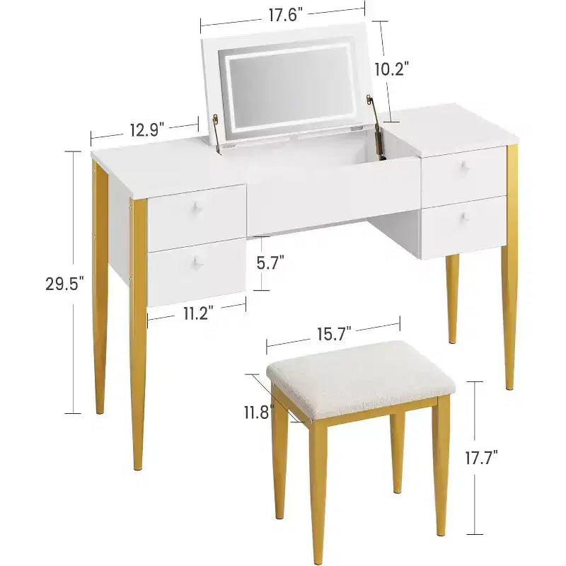 Makeup Vanity Desk with Lights and Stool, Vanity Desk with Flip Top and Mirror, Vanity Desk with Center Cabinet and 4 Drawers 3 Lighting Modes, Gold