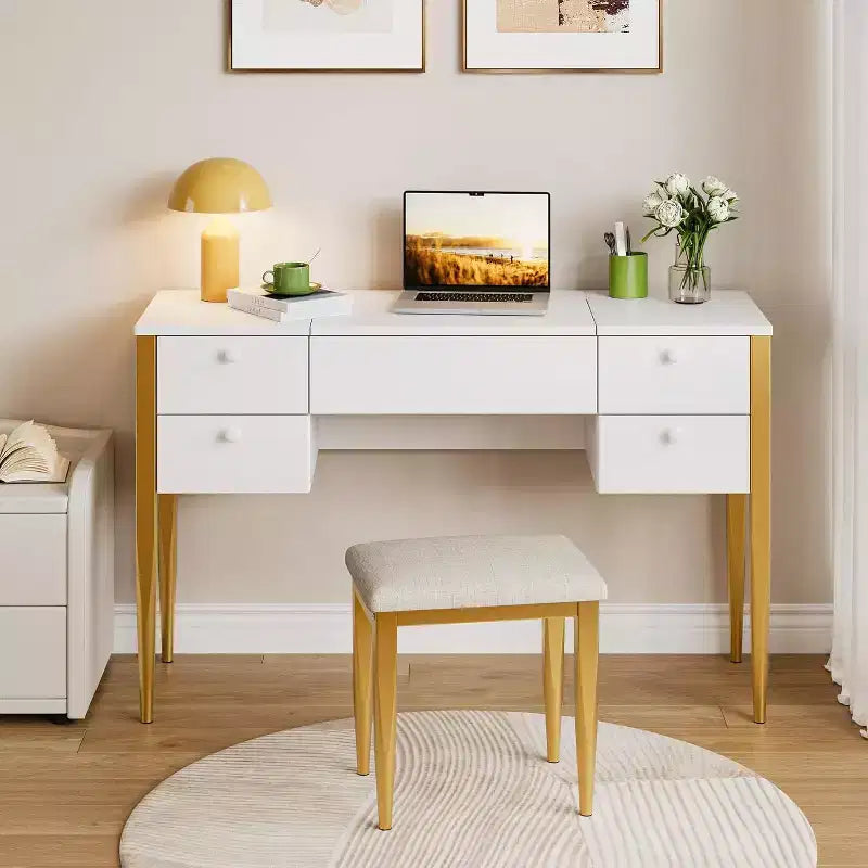 Makeup Vanity Desk with Lights and Stool, Vanity Desk with Flip Top and Mirror, Vanity Desk with Center Cabinet and 4 Drawers 3 Lighting Modes, Gold