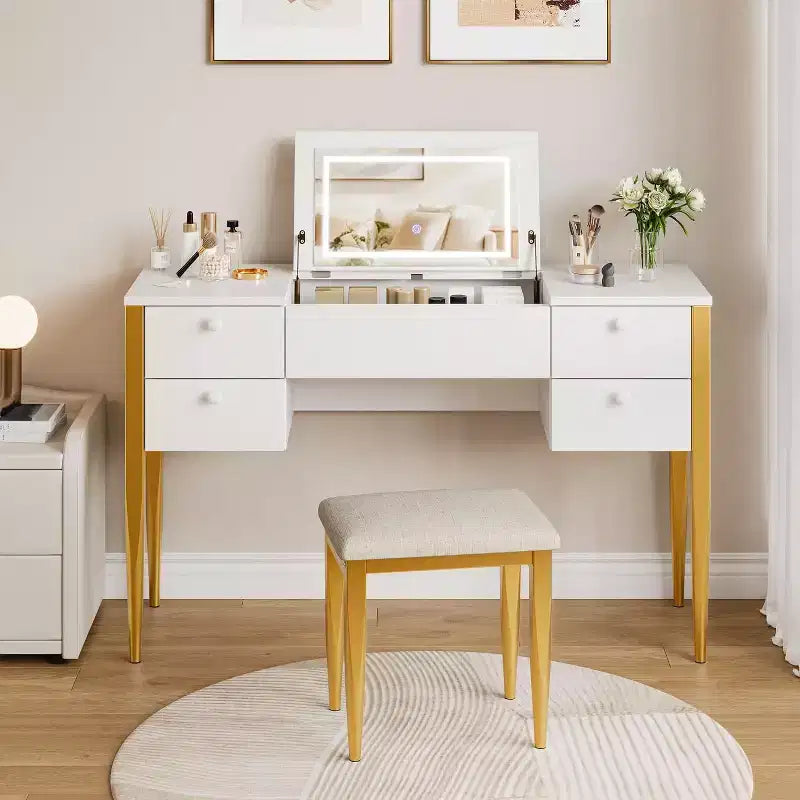 Makeup Vanity Desk with Lights and Stool, Vanity Desk with Flip Top and Mirror, Vanity Desk with Center Cabinet and 4 Drawers 3 Lighting Modes, Gold