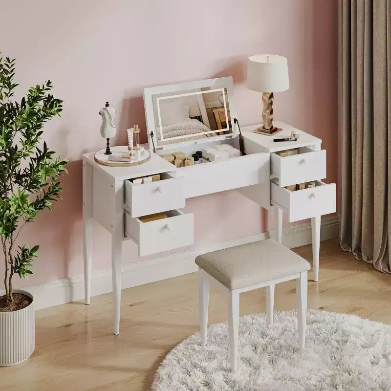 Makeup Vanity Desk with Lights and Stool, Vanity Desk with Flip Top and Mirror, Vanity Desk with Center Cabinet and 4 Drawers 3 Lighting Modes, Gold