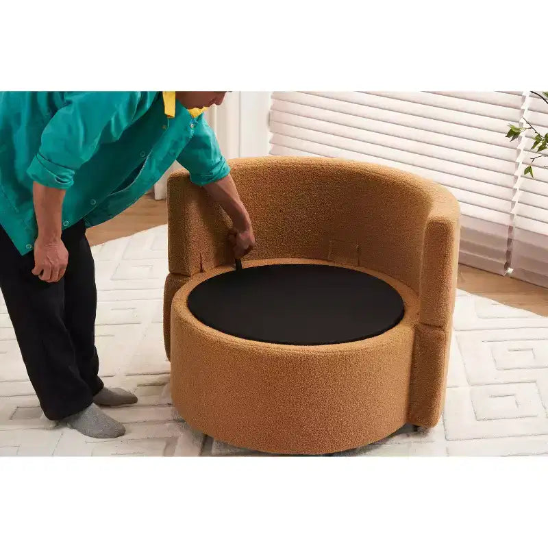 MAYEERTY Teddy Fabric Swivel Storage Chair, Back Cushion, Living Room, Khaki
