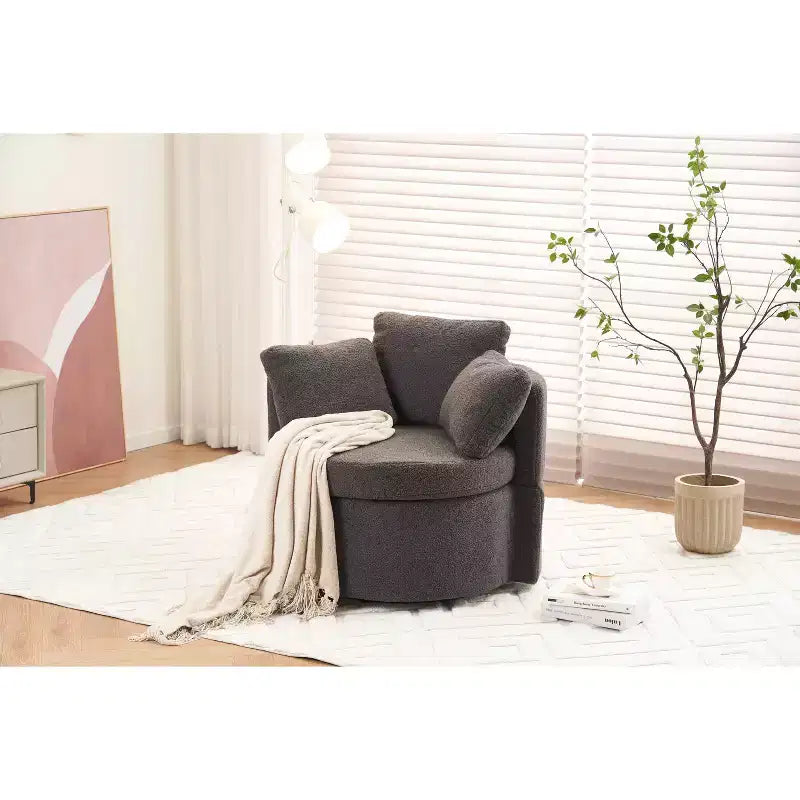 MAYEERTY Teddy Fabric Swivel Storage Chair, Back Cushion, Living Room, Khaki
