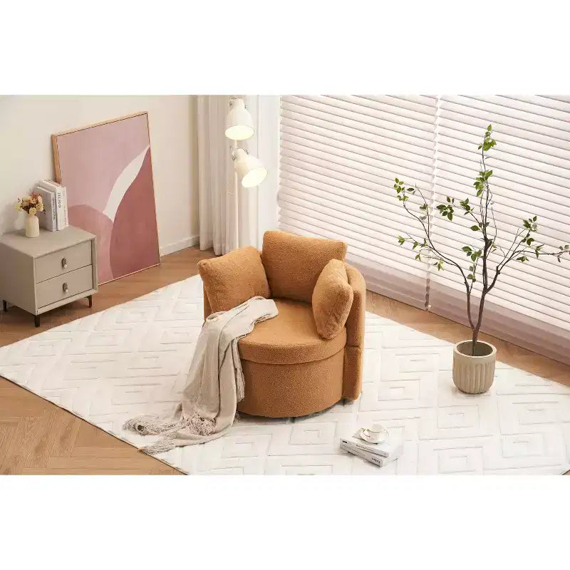 MAYEERTY Teddy Fabric Swivel Storage Chair, Back Cushion, Living Room, Khaki