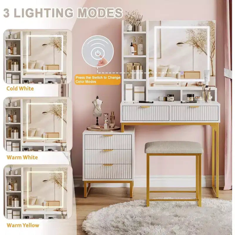 Makeup Vanity Desk with Mirror and Lights, Vanity Table Set with 3 Adjustable Lighting Colors, Dressing Table With 5 Large Drawers, White