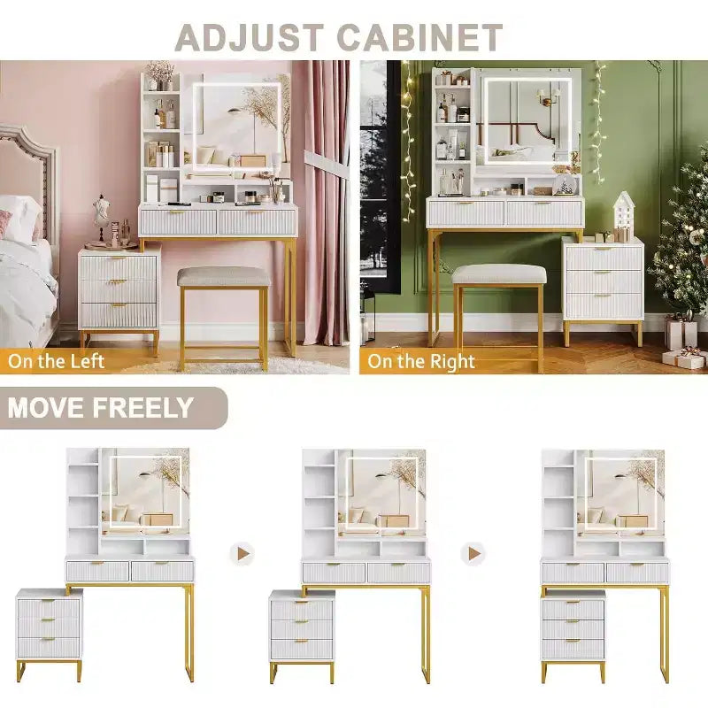 Makeup Vanity Desk with Mirror and Lights, Vanity Table Set with 3 Adjustable Lighting Colors, Dressing Table With 5 Large Drawers, White