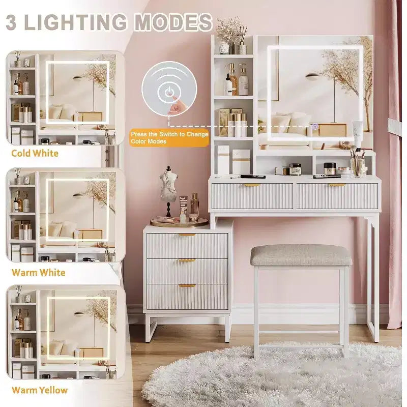 Makeup Vanity Desk with Mirror and Lights, Vanity Table Set with 3 Adjustable Lighting Colors, Dressing Table With 5 Large Drawers, White