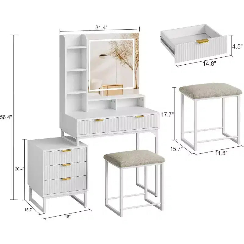 Makeup Vanity Desk with Mirror and Lights, Vanity Table Set with 3 Adjustable Lighting Colors, Dressing Table With 5 Large Drawers, White