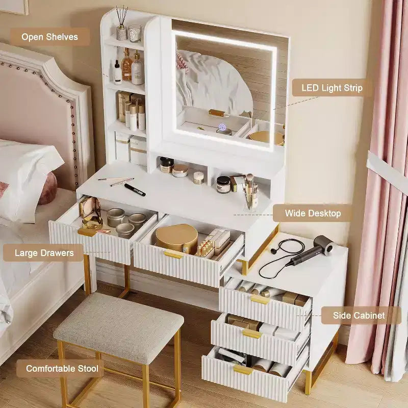 Makeup Vanity Desk with Mirror and Lights, Vanity Table Set with 3 Adjustable Lighting Colors, Dressing Table With 5 Large Drawers, White