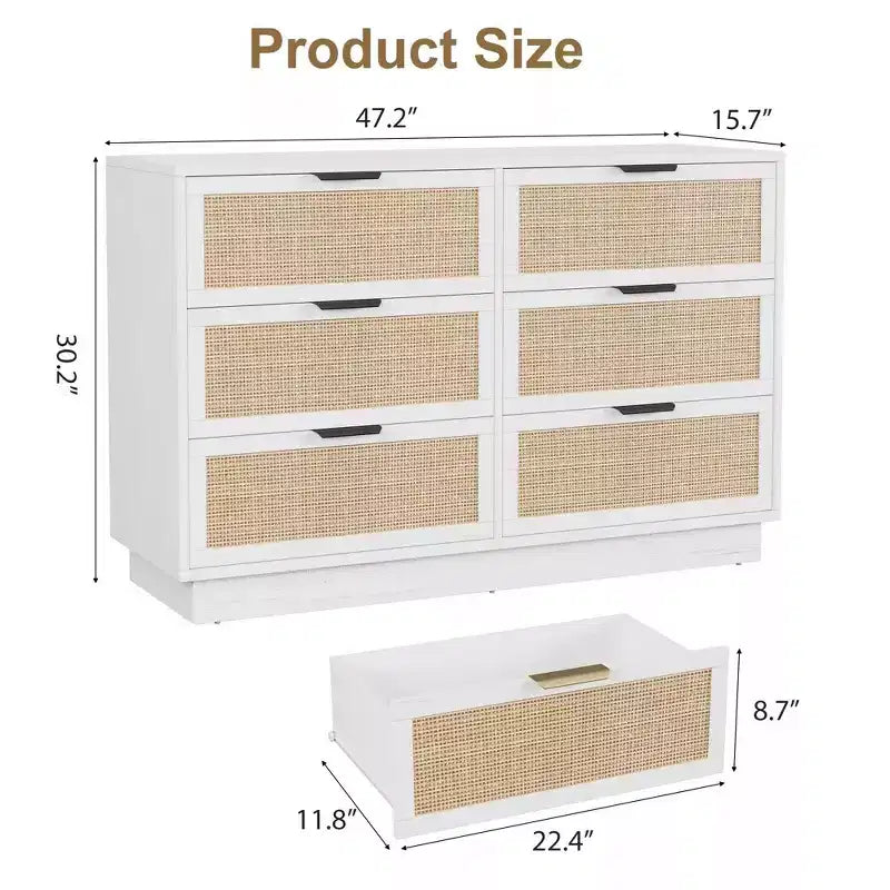 6 Drawer Rattan Dresser for Bedroom, Integrated Cabinet Body & Legs Design, Wooden Chest of Drawers for Hallways, Entryways and Closet, Easy Assembly