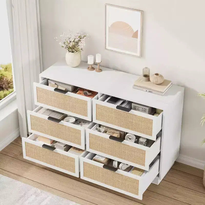 6 Drawer Rattan Dresser for Bedroom, Integrated Cabinet Body & Legs Design, Wooden Chest of Drawers for Hallways, Entryways and Closet, Easy Assembly