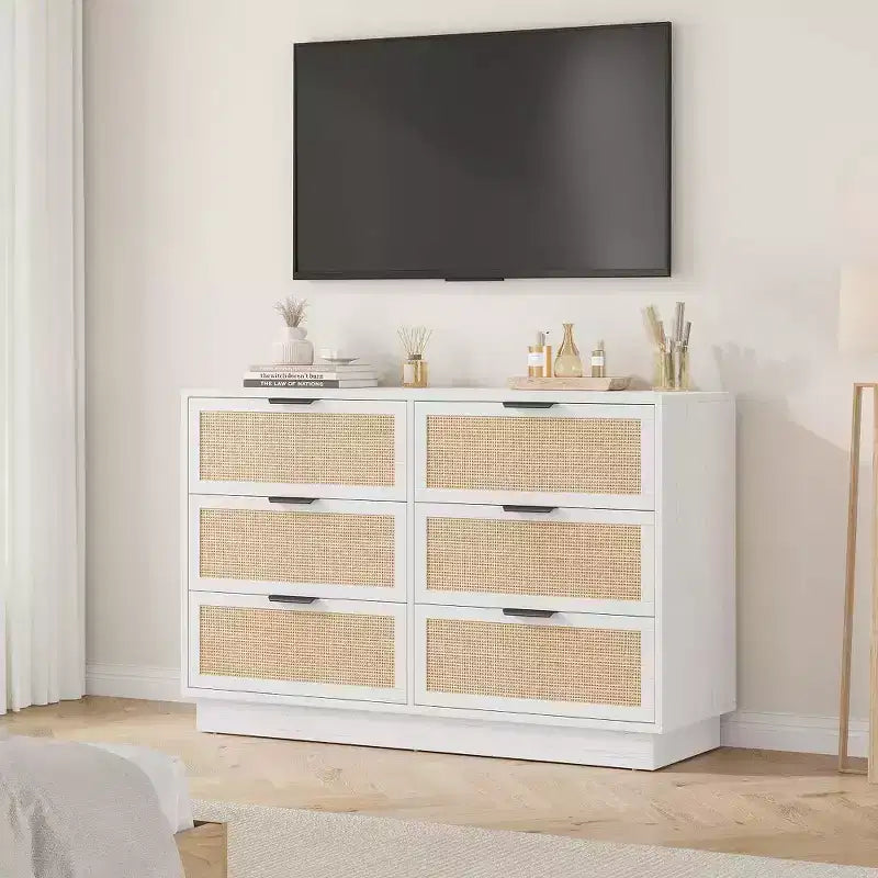 6 Drawer Rattan Dresser for Bedroom, Integrated Cabinet Body & Legs Design, Wooden Chest of Drawers for Hallways, Entryways and Closet, Easy Assembly