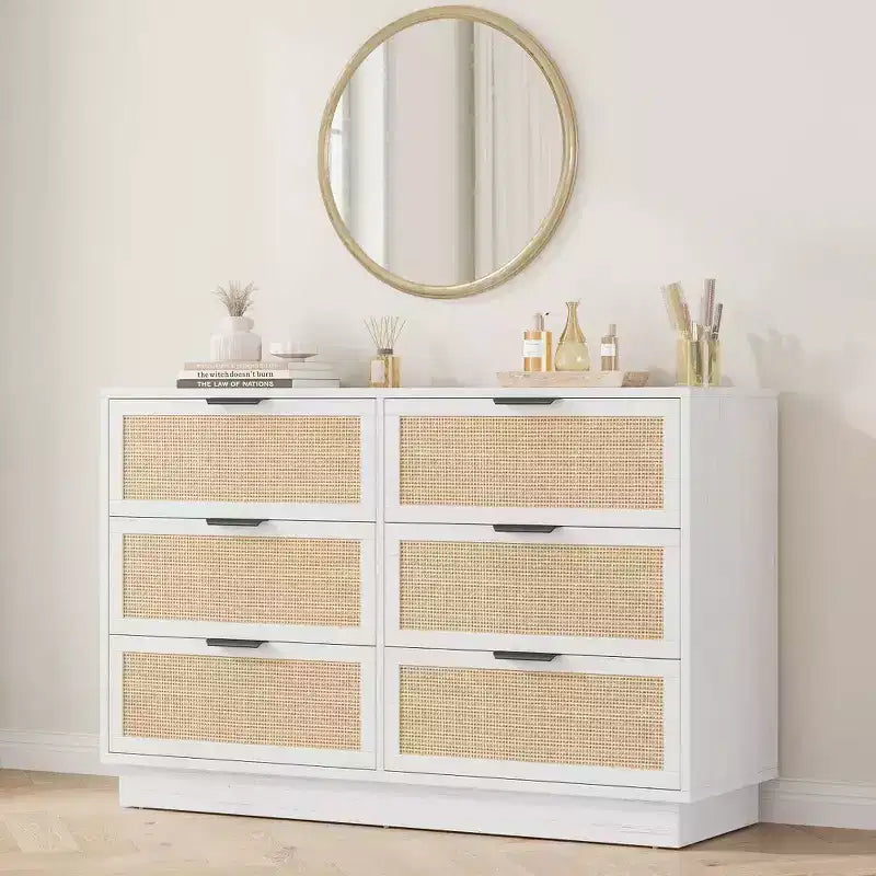 6 Drawer Rattan Dresser for Bedroom, Integrated Cabinet Body & Legs Design, Wooden Chest of Drawers for Hallways, Entryways and Closet, Easy Assembly