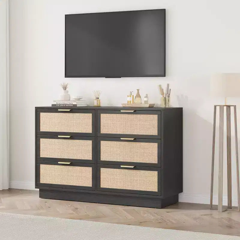 6 Drawer Rattan Dresser for Bedroom, Integrated Cabinet Body & Legs Design, Wooden Chest of Drawers for Hallways, Entryways and Closet, Easy Assembly
