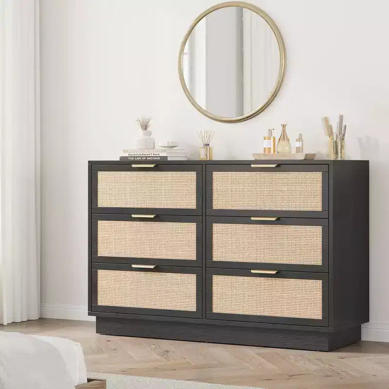 6 Drawer Rattan Dresser for Bedroom, Integrated Cabinet Body & Legs Design, Wooden Chest of Drawers for Hallways, Entryways and Closet, Easy Assembly