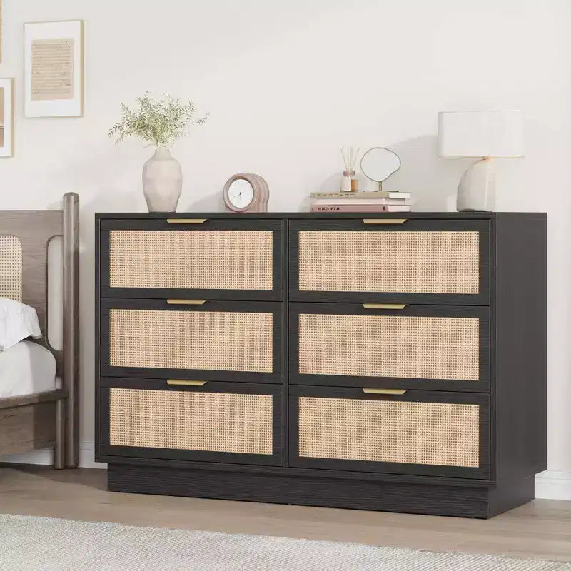 6 Drawer Rattan Dresser for Bedroom, Integrated Cabinet Body & Legs Design, Wooden Chest of Drawers for Hallways, Entryways and Closet, Easy Assembly