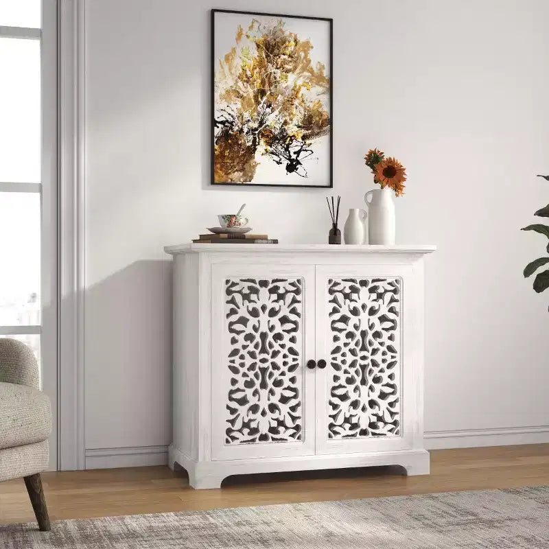 Antique Sideboard Storage Cabinet with Carved Doors, Distressed Accent Buffet Cabinet - Panipeachy