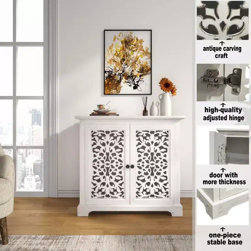 Antique Sideboard Storage Cabinet with Carved Doors, Distressed Accent Buffet Cabinet - Panipeachy