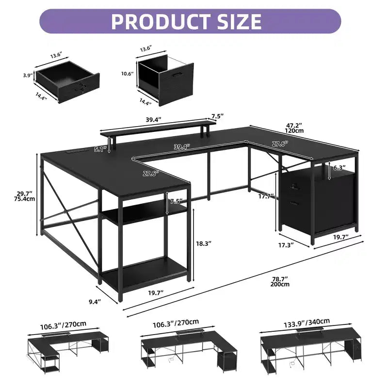 U Shaped Desk With Power Outlets & LED Lights Desk With Drawers Corner Computer Desk Office Desk With Monitor Stand & Storage Shelves Black