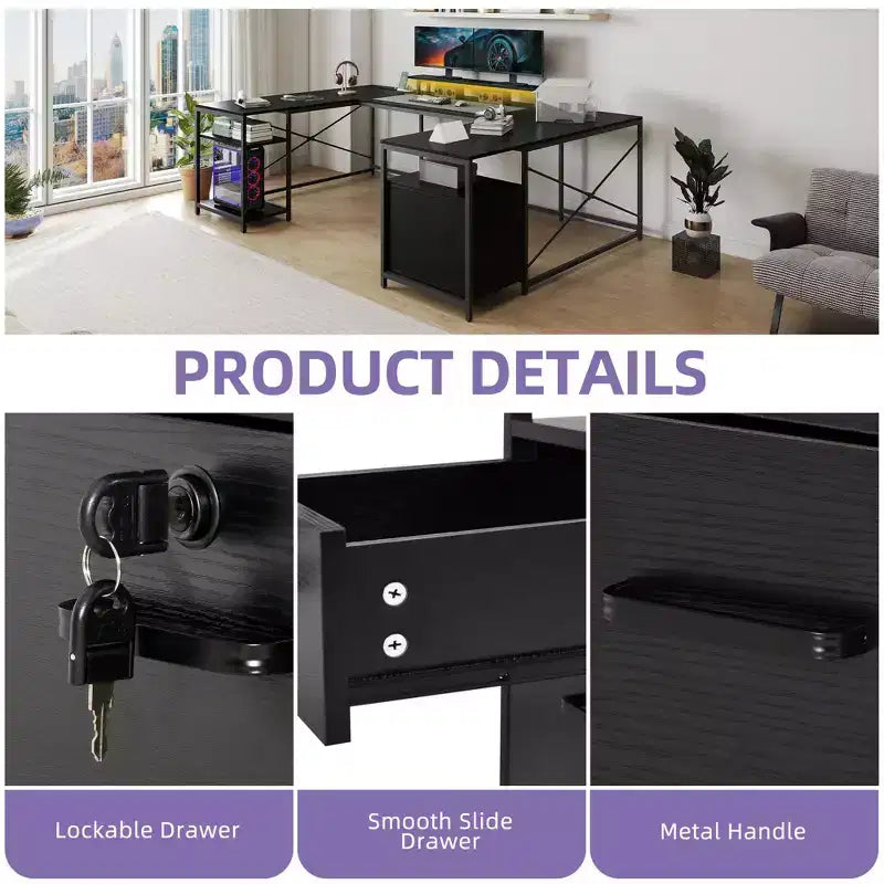 U Shaped Desk With Power Outlets & LED Lights Desk With Drawers Corner Computer Desk Office Desk With Monitor Stand & Storage Shelves Black