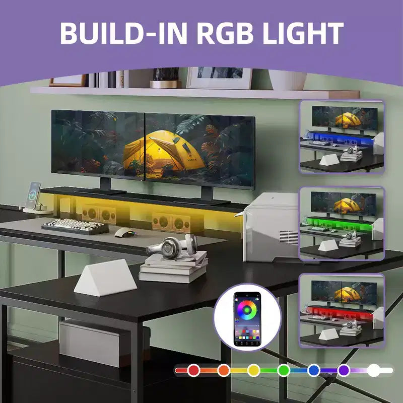 U Shaped Desk With Power Outlets & LED Lights Desk With Drawers Corner Computer Desk Office Desk With Monitor Stand & Storage Shelves Black