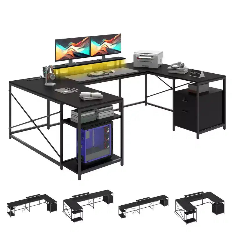 U Shaped Desk With Power Outlets & LED Lights Desk With Drawers Corner Computer Desk Office Desk With Monitor Stand & Storage Shelves Black