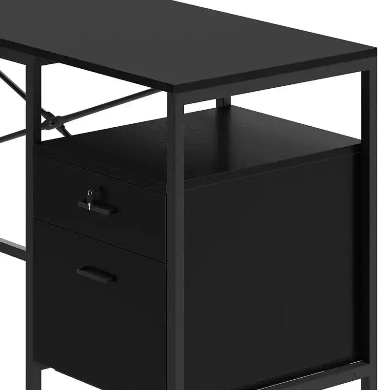 U Shaped Desk With Power Outlets & LED Lights Desk With Drawers Corner Computer Desk Office Desk With Monitor Stand & Storage Shelves Black