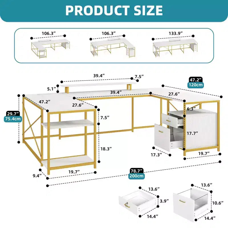 U Shaped Desk With Power Outlets & LED Lights Desk With Drawers Corner Computer Desk Office Desk With Monitor Stand & Storage Shelves White