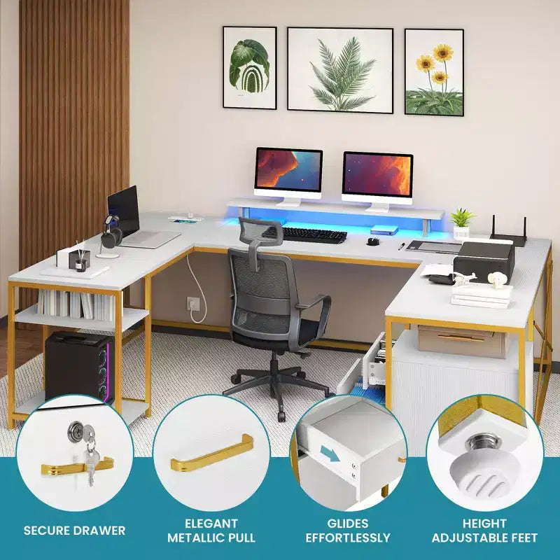 U Shaped Desk With Power Outlets & LED Lights Desk With Drawers Corner Computer Desk Office Desk With Monitor Stand & Storage Shelves White