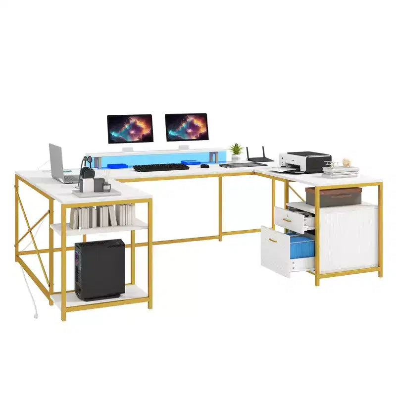 U Shaped Desk With Power Outlets & LED Lights Desk With Drawers Corner Computer Desk Office Desk With Monitor Stand & Storage Shelves White
