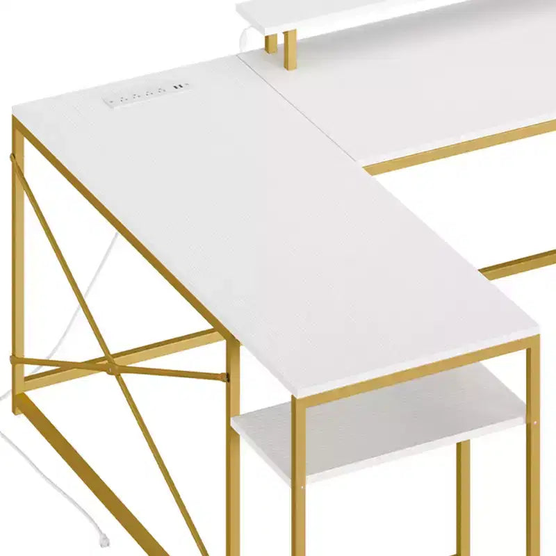 U Shaped Desk With Power Outlets & LED Lights Desk With Drawers Corner Computer Desk Office Desk With Monitor Stand & Storage Shelves White